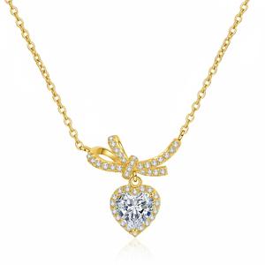 Luxury Halo Design 1 CT <b>Heart</b> Bow Ribbon Pendant Trendy Link Chain Moissanite Love <b>Necklaces</b> S925 <b>Silver</b> For Women's Wholesale - Product Image 2