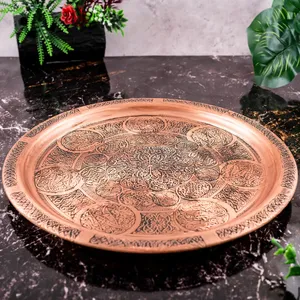 ถาดเสิร์ฟทองแดงทรงกลมทำด้วยมือแบบโบราณสำหรับงานเลี้ยงและงานปาร์ตี้ดีไซน์แบบดั้งเดิมสำหรับขนมชาและของตกแต่งโต๊ะ - Product Image 2