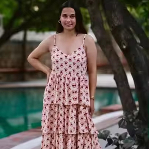 Elegant High Midi Sexy Style Women's Organic Cotton Maxi Dress Block Print Floral Pattern Washable for Every Occasion - Product Image 1