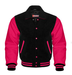 Veste universitaire pour homme en noir uni de haute qualité, personnalisée, confortable, grande taille, corps en laine, manches en cuir rose, couleurs personnalisées - Product Image 1