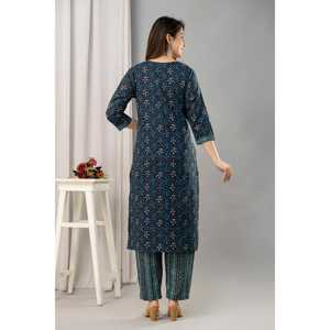 Conjunto de Kurta estampado de algodón puro azul marino para mujer con pantalones y Dupatta - Product Image 1