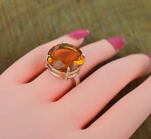 แหวนพลอยเหลี่ยมเพชรพลอยเงินสเตอร์ลิงทำด้วยมือ925ควอตซ์น้ำผึ้งเครื่องประดับที่สง่างามของขวัญวันเกิดที่แปลกใหม่ - Product Image 4