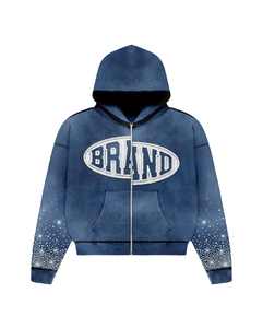 Unisex Acid Wash Sudadera con capucha Conjunto corto Rhinestone 100% algodón 220 GSM Oversized Custom distress impresión Streetwear Short Set - Product Image 3