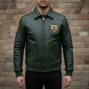 Blouson aviateur de luxe en cuir et toile enduite, fait main, col rabattable, fermeture éclair, coupe confortable, respirant, coupe-vent - Product Image 3