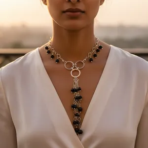 Elegant Women's Silver Plated <b>Statement</b> <b>Necklace</b> With Onyx Beads Geometric Design Party Jewelry - Product Image 1