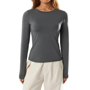 Camiseta de manga larga para mujer, algodón transpirable, cuello redondo, Color sólido, camisas superventas para mujer - Product Image 2