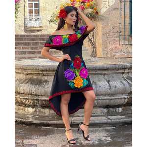 Robe noire à épaules dénudées pour femmes, brodée de fleurs, ourlet haut-bas, robe ethnique bohème, tenue de soirée d'été, robe en coton - Product Image 4