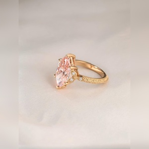 Bague en or 10K 14K 18K, platine et argent, avec topaze rose taille marquise et diamant, bijoux de mariée gravés vintage - Product Image 3