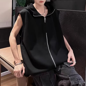 Personnalisé été hommes décontracté sans manches blanc à capuche 3D brodé lettre conception épaisse épaule gilet métal fermeture éclair lavé - Product Image 5