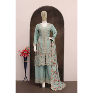 Nuevo diseñador Party Top Palazzo & Dupatta Set Fox Georgette TRABAJO Menos trabajo LONGITUD 40 CUELLO MANGAS redondas TELA DE PALLAZO - Product Image 1