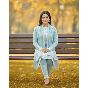 Conjunto de Kurti Tejido Azul Cielo con Patrón Geométrico, Vestido Midi de Manga Larga, Ropa Casual de Invierno - Product Image 6