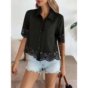 Blusa de Mujer de Manga Corta con Cuello y Botones al Frente Estilo Dubai de Jane, Blusa Elegante Informal para Uso Diario - Product Image 1