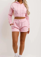 Setelan 2 Potong Hoodie Pendek Pink Berkualitas Tinggi dengan Ritsleting dan Celana Pendek |   Setelan Olahraga Wanita Model Drop Shoulder 100% Katun