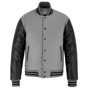 2026 OEM High Street Men's Grey Fleece With Black <b>Leather</b> Sleeves Stand Collar Low Price Heated Windproof <b>Winter</b> Varsity <b>Jackets</b> - Product Image 1