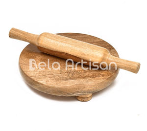 Rodillo de Madera de Mango Natural y Tabla para Repostería, Juego de Utensilios de Cocina Ecológicos Hechos a Mano con Soporte, Chakla Belan - Product Image 1