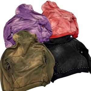 Sweat à capuche double fermeture éclair en molleton français délavé à l'acide, effet vieilli, décoloré par le soleil, épais, hiver, séchage rapide, respirant - Product Image 2