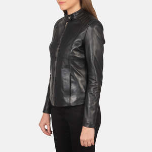 Kelsee Stand Collar <b>Biker</b> <b>Jacket</b> in Black Leather for Autumn - Product Image 2