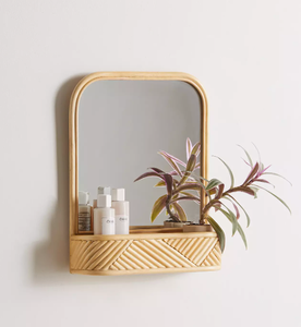 Rattan Wall Mirror With <b>Basket</b> <b>Shelf</b> Rectangular Framed Bohemian Style Decorative Natural Finish For Home Bathroom Office - Product Image 2
