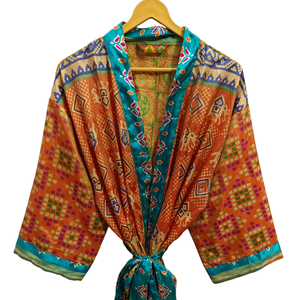 Vestido cruzado Túnica India Sari Robe Vestido de novia Vestido de maternidad Regalo Robe Beach Party Wear Indian Printed Silk Sari Kimono, - Product Image 1