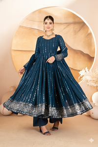 Ensemble Kurta Anarkali pour femmes Unity Luxure, en rayonne de qualité supérieure, imprimé avec du tissu métallisé, avec dupatta assorti, tenue ethnique de luxe pour les fêtes - Product Image 5