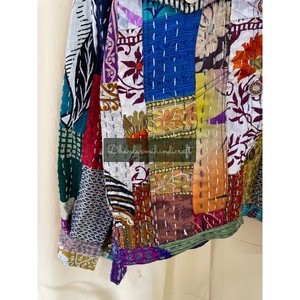 Chaqueta vaquera de algodón y seda de talla grande, chaqueta Kantha Vintage de retales, abrigo hecho a mano para casa de verano, botón multicolor - Product Image 3