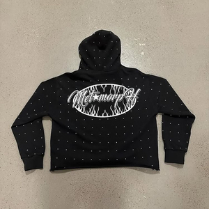 เสื้อฮู้ดแบบสวมหัวสำหรับผู้ชายผ้าคอตตอนพิมพ์ลายหน้าจอพลอยเทียมหรูหราแบบสั่งทำ - Product Image 3