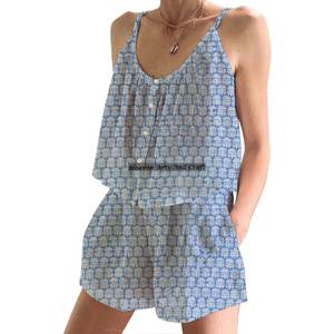 Conjunto de Pijama de Shorts Cómodos 100% Algodón, Suave, Estampado Floral Indio, Primavera/Verano, Ajustado, con Tirantes, Sin Mangas - Product Image 2