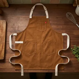 Tablier en toile bleu clair avec trois poches, réutilisable, résistant, tissé, lavable en machine, pour la cuisine et l'usage quotidien - Product Image 2
