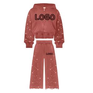 Ensemble survêtement streetwear personnalisé, pantalon de survêtement et sweat-shirt à capuche, coupe courte, délavage acide, effet usé, strass, ensemble de jogging, sweat-shirt à capuche avec fermeture éclair - Product Image 3