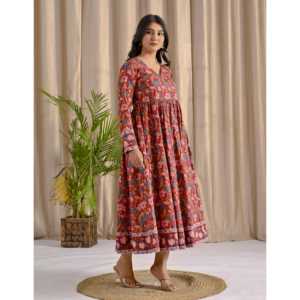 Vestido largo Angrakha rojo con estampado Jaal y vuelo, ropa india y pakistaní - Product Image 6