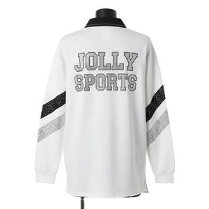 Maillot de rugby pour femme en coton premium GSM et mélange de polyester, blanc, noir, gris, avec empiècements aux manches et logo en strass. Maillot de rugby pour femme en coton. - Product Image 2
