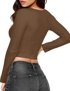 Top corto de punto suave y ligero para mujer con manga larga cuello redondo ajustado capa Base informal para entrenamiento Sexy Going Tops - Product Image 2