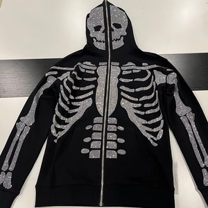 Sweat à capuche oversize en coton 100% poids lourd pour l'hiver, avec logo personnalisé, fermeture éclair intégrale, col à capuche avec strass sur le devant - Product Image 2
