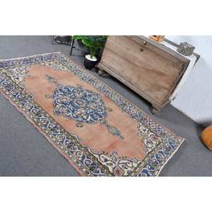 Authentique tapis turc bleu beige 3.9x6.8 pieds laine latex plat tissage technique patchwork pour couloir chambre décor - Product Image 4