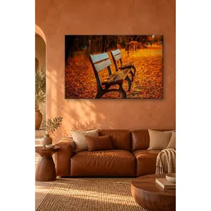 Fida Deux bancs dans un parc recouvert de feuilles, impression sur toile - Product Image 4