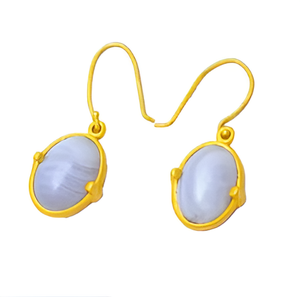 Pendientes colgantes de plata de ley 925 con piedras preciosas de ágata de encaje azul Estilo vintage Forma ovalada chapada en oro para fiestas de bodas - Product Image 3