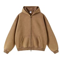 Vintage asit yıkama boy fermuarlı kapüşonlu kıyafet ağır sıkıntılı kapüşonlu Sweatshirt erkekler için sonbahar kış