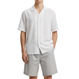 Men's White Cotton <b>Waffle</b> Short Sleeve <b>Shirt</b> With Light Gray Shorts Solid Color Casual Summer Set Breathable Woven Fabric - Product Image 6