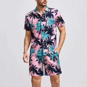 Ensemble deux pièces grande taille pour hommes T-shirt à manches courtes Short imprimé de fleurs Combinaison de sport de couleur contrastée pour bas actifs - Product Image 2