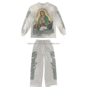 Ensemble de survêtement unisexe décontracté en molleton de coton épais respirant de 340 grammes, imprimé, avec sweat à capuche et pantalon de jogging - Product Image 1