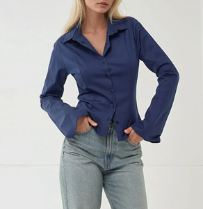 เสื้อถักแขนยาวทรงเข้ารูปสำหรับผู้หญิง ปกพับลง สีพื้น แต่งกระดุม ระบายอากาศได้ดี เหมาะสำหรับทุกฤดู - Product Image 5