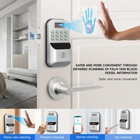Serrure connectée Tuya avec reconnaissance de la veine palmaire, entrée sans clé, déverrouillage par mot de passe et clé, alimentation d'urgence Type-C pour portes en bois