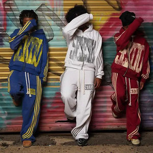 Sudadera con capucha y cremallera con lavado ácido personalizada para hombre, conjunto de Jogger con estampado de hojaldre Acampanado y pantalones de chándal, chándales de invierno - Product Image 1