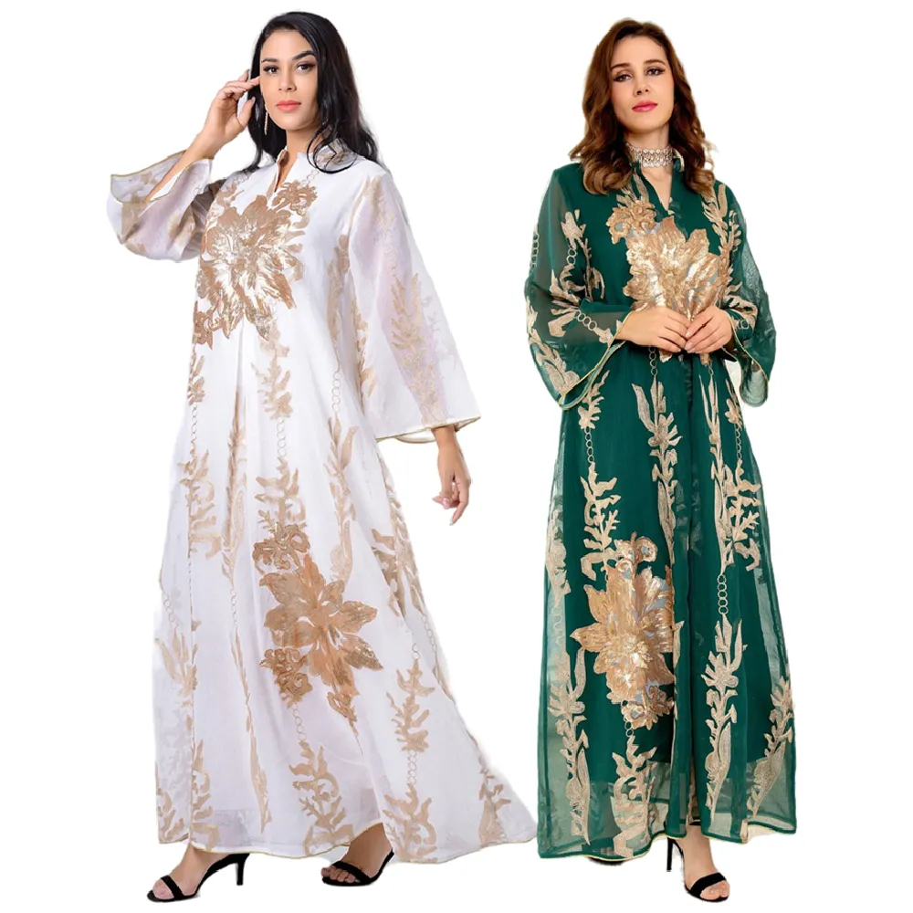 Trung Đông Dubai Ả Rập Dài Tay Áo Ngọc Trai Sequin Thêu Jalabiya Cho Phụ Nữ Áo Ramadan Abaya Hồi Giáo Phụ Nữ Ăn Mặc