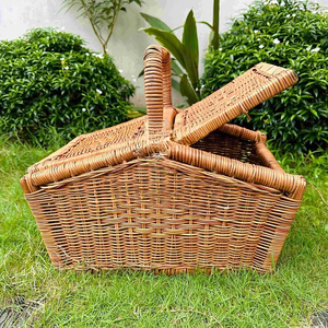 Panier de pique-nique en rotin écologique avec couvercle du Vietnam grand panier de récolte en osier avec cadre en bois robuste - Product Image 4