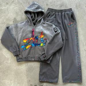 Custom Rhinestone Sun Faded Street wear 100% Cotton <b>Zip</b> Up Sweat Suit <b>Hoodie</b> and Track Sweatpants Tracksuit Set <b>Men</b> 2025 - Product Image 5