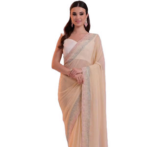 Collection de saris en soie géorgette plissée ethnique indienne élégante, magnifique sari brodé de fils lourds + blouse multicolore large - Product Image 1