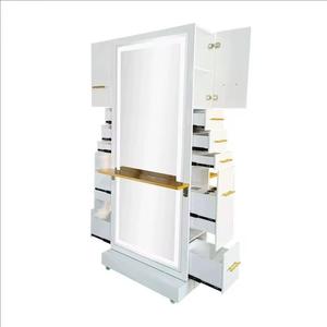 Double Sided Salon Mirror Cabinet <b>White</b> Gold <b>Frame</b> LED Lighted Storage Unit for Hair Salon Studio - Product Image 1