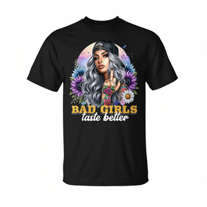 T-shirt con umorismo sarcastico 'Bad Girls Taste Better', T-shirt promozionale con girasoli - Product Image 2