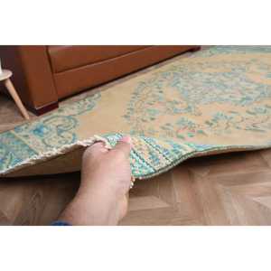 Alfombra Turca de 4x9.4 pies, Alfombra Vintage, Alfombra Ikat Azul y Amarilla - Product Image 4